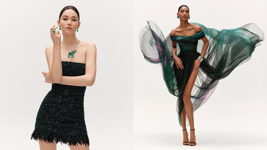 The model at left is wearing the “Insofu” elephant pendant, along with a heart-shaped ring and a pair of earrings from the collection paired with a “Caroline’s Couture” black silk organza dress. The model at right is wearing the collection’s pearl cuff bracelet and a pair of floral-inspired earrings paired with a silk gauze dress the brand said was shade-printed to incorporate the hues of the “Insofu” emerald and a touch of rose, a nod to the four-necklace set featuring emeralds paired with pink sapphires. Chopard Insofu emerald collection Caroline’s Couture